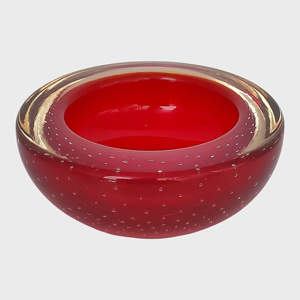 ❤️ Vintage Red /Clear 4" Cased Glass Dish Controlled Bubble Effect ❤️